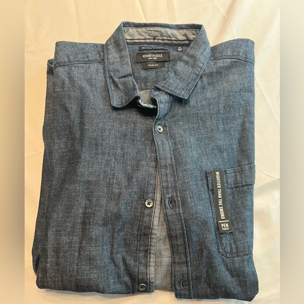 Kenneth Cole Reaction short sleeve Shirt Mens XL Blue Slim Fit Button Up NWT